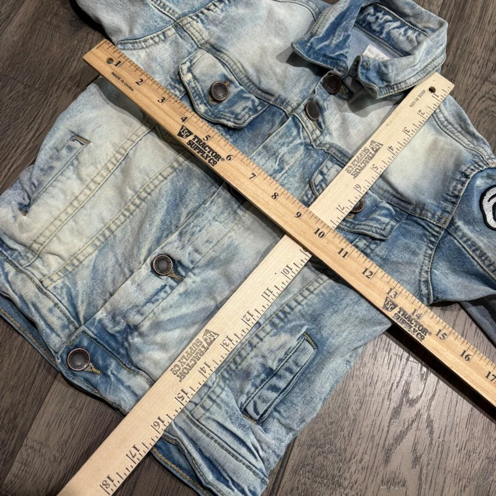 Evolution In Design‎ Denim Jacket Kids Size 5 Blue Gothic Patch Distressed